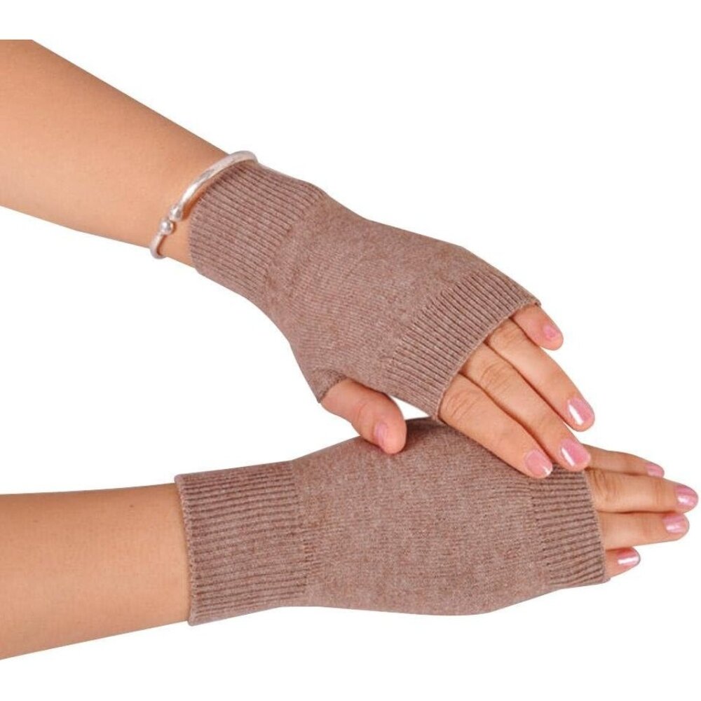 Women's Khaki Flexible Soft Wool Blend Fingerless Arm Warmers Winter Gloves